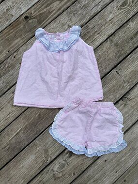 Stitchy Fish Seaside Seersucker Ruffle Shorts Set Size 5 Pink Sleeveless Tank
